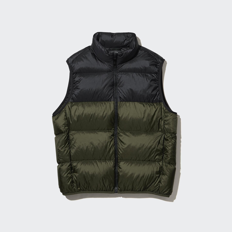 giacche uniqlo ultra light down color block da uomo color oliva
