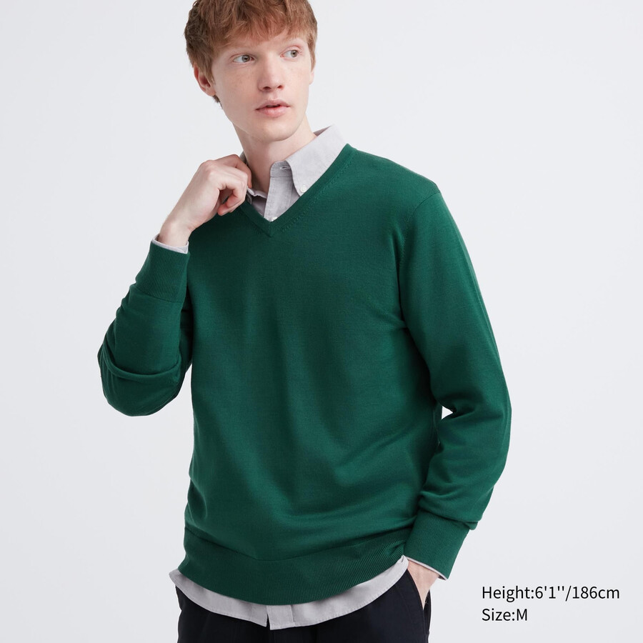 maglioni da uomo uniqlo in lana merino extra fine con scollo a v verdi