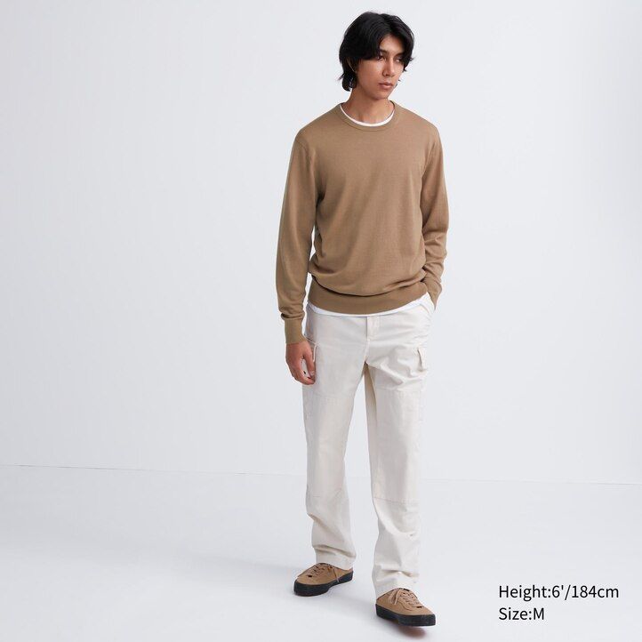 maglioni da uomo uniqlo in lana merino extra fine grigia con scollo rotondo