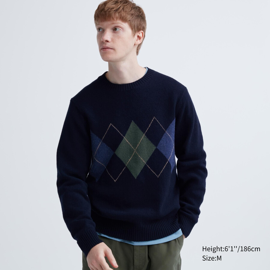 maglioni da uomo uniqlo premium in lana dagnello con scollo rotondo e motivo a rombi colore blu navy