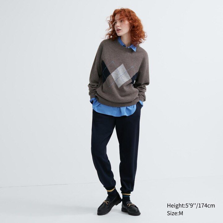 maglioni da uomo uniqlo premium in lana dagnello con scollo rotondo e motivo a rombi colore blu navy