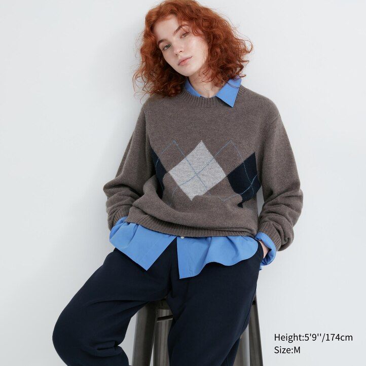 maglioni da uomo uniqlo premium in lana dagnello con scollo rotondo e motivo a rombi colore blu navy