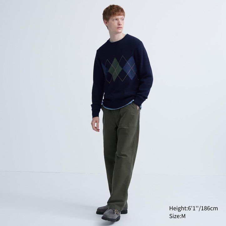 maglioni da uomo uniqlo premium in lana dagnello con scollo rotondo e motivo a rombi colore blu navy