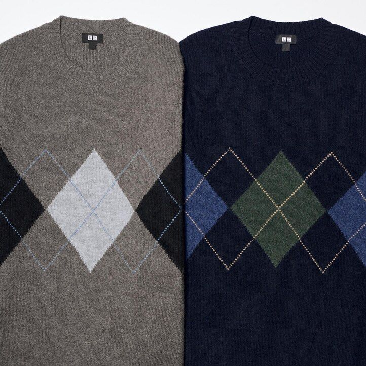 maglioni da uomo uniqlo premium in lana dagnello con scollo rotondo e motivo a rombi colore blu navy
