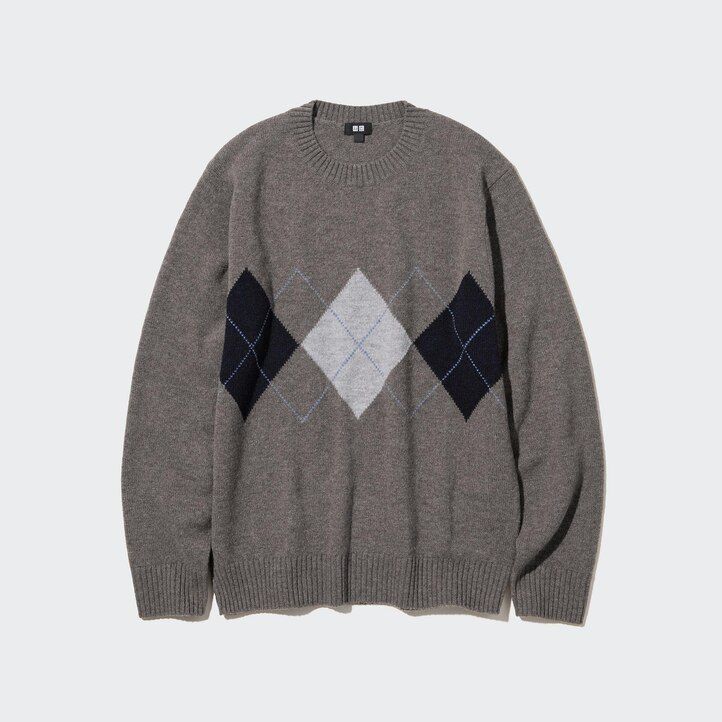 maglioni da uomo uniqlo premium in lana dagnello con scollo rotondo e motivo a rombi colore blu navy