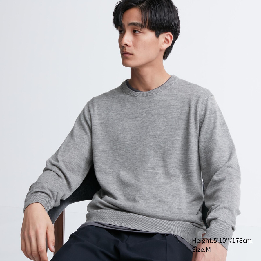maglioni da uomo uniqlo grigi in lana merino extra fine 100 con scollo rotondo