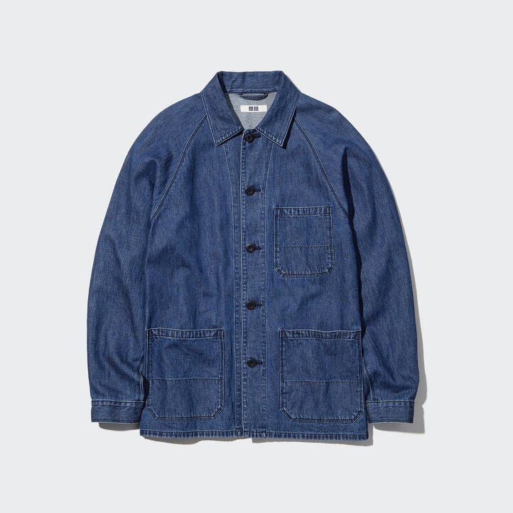 camicia da uomo uniqlo in misto cotone e lino blu