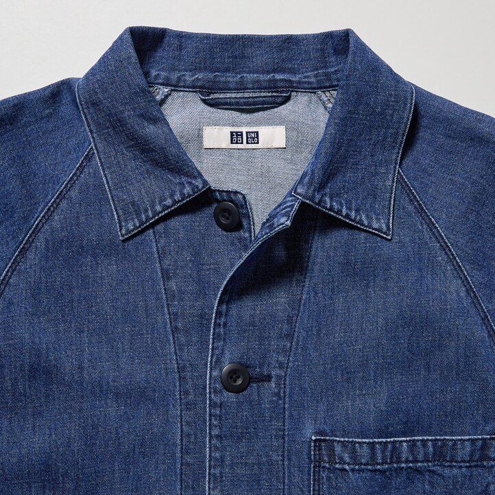 camicia da uomo uniqlo in misto cotone e lino blu