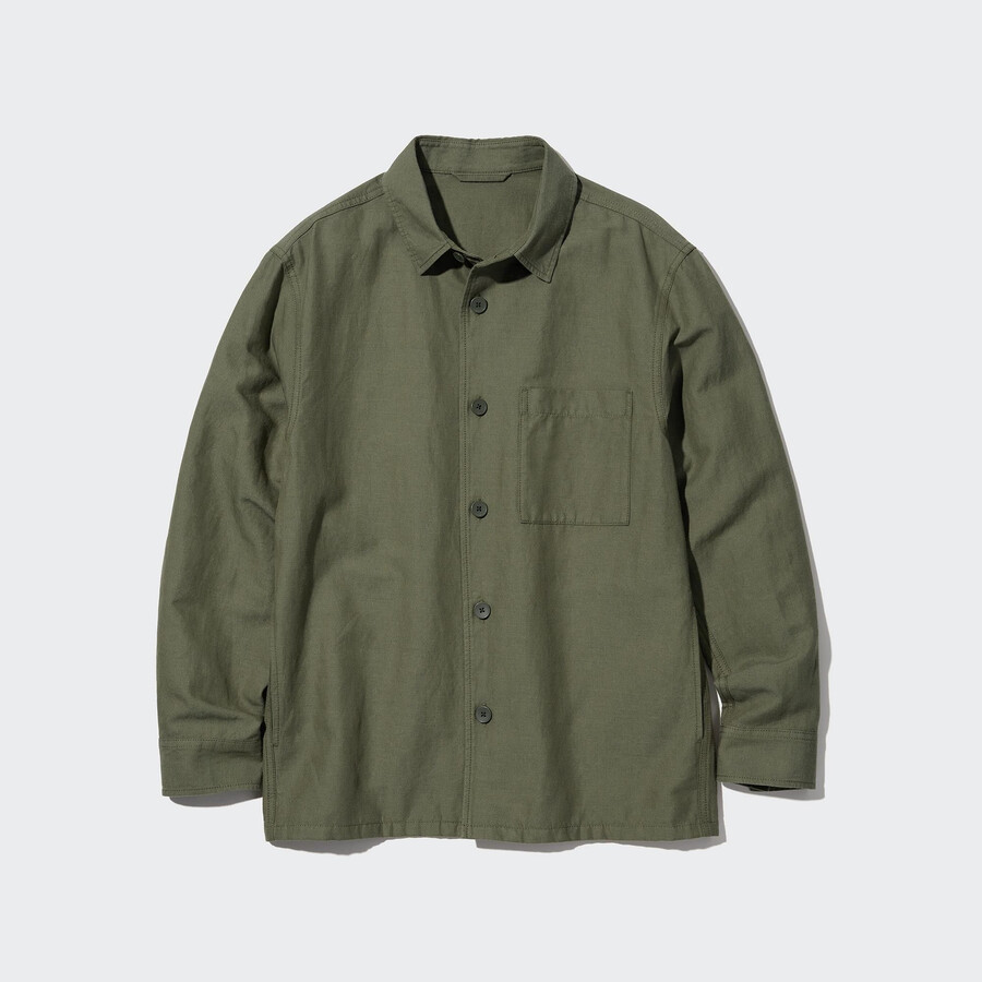 camicia da uomo uniqlo in cotone e lino color oliva
