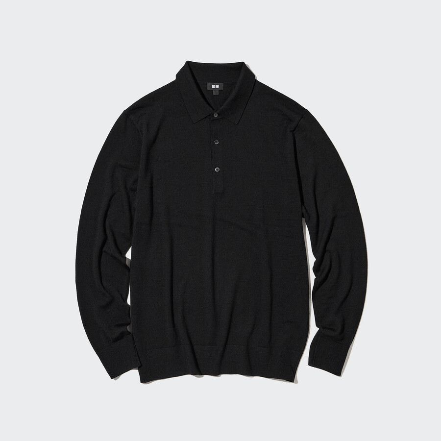 polo da uomo uniqlo in maglia merino extra fine 100 nera con maniche
