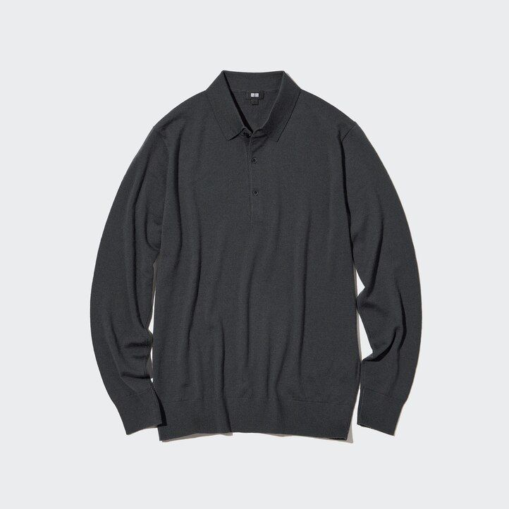 polo da uomo uniqlo in maglia merino extra fine 100 nera con maniche