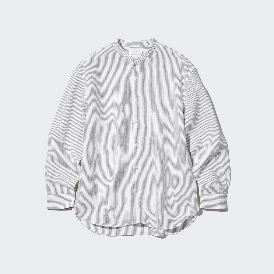 camicia da uomo uniqlo blu con colletto alla coreana vestibilità regolare a righe in lino premium 100