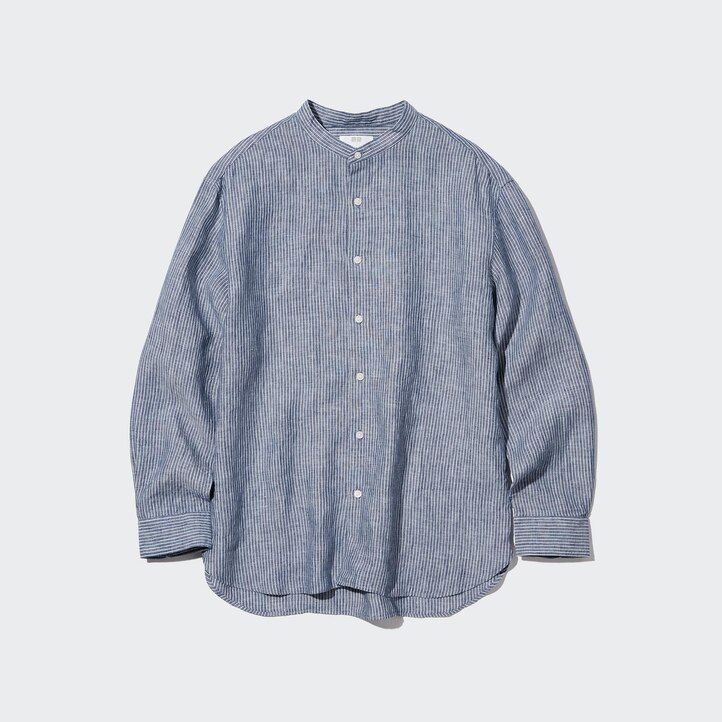 camicia da uomo uniqlo blu con colletto alla coreana vestibilità regolare a righe in lino premium 100