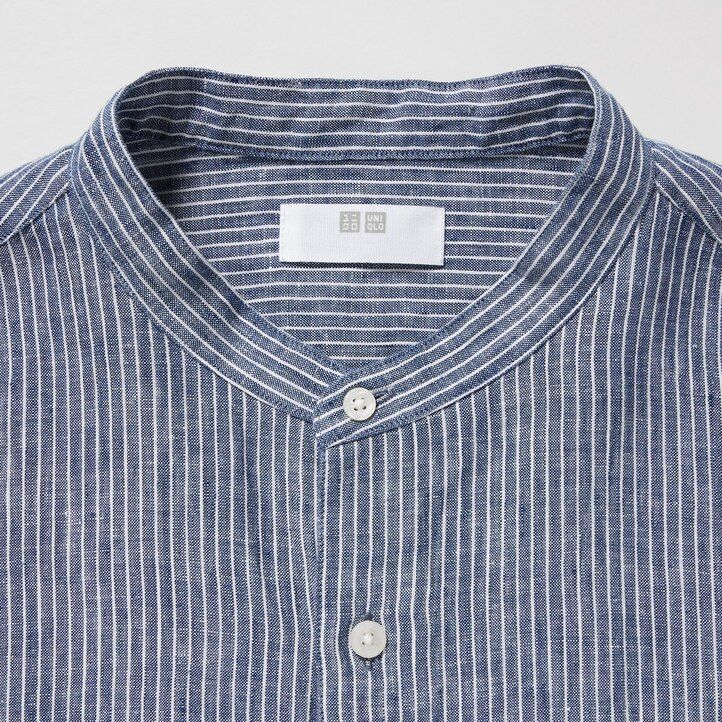camicia da uomo uniqlo blu con colletto alla coreana vestibilità regolare a righe in lino premium 100