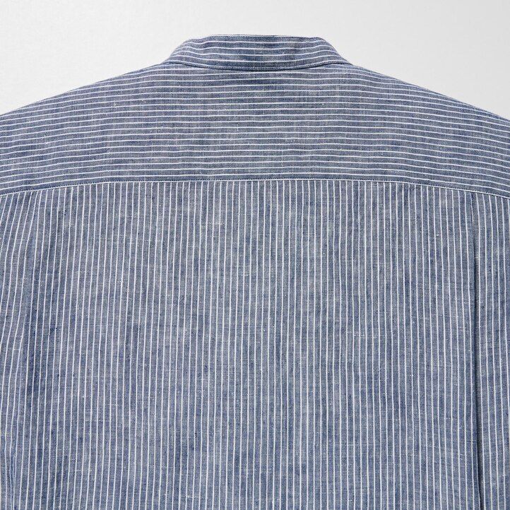 camicia da uomo uniqlo blu con colletto alla coreana vestibilità regolare a righe in lino premium 100