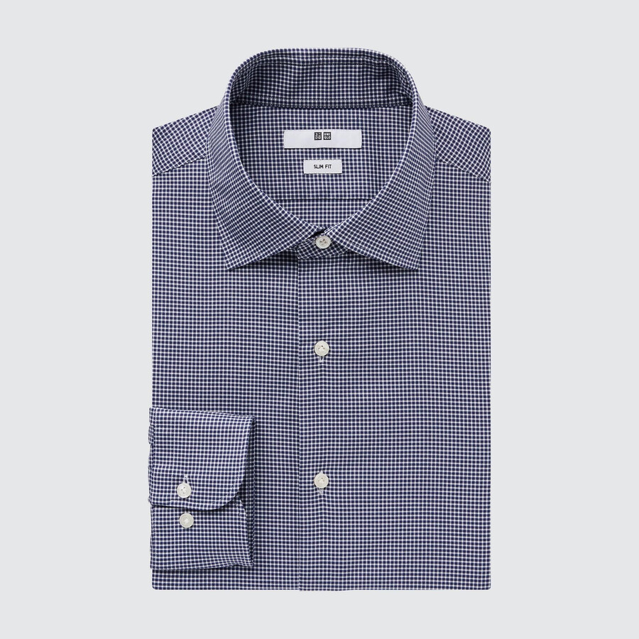 camicie da uomo uniqlo easyre stretch slim fit a quadri con colletto semi-cutaway blu navy