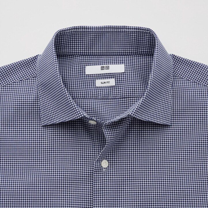 camicie da uomo uniqlo easyre stretch slim fit a quadri con colletto semi-cutaway blu navy