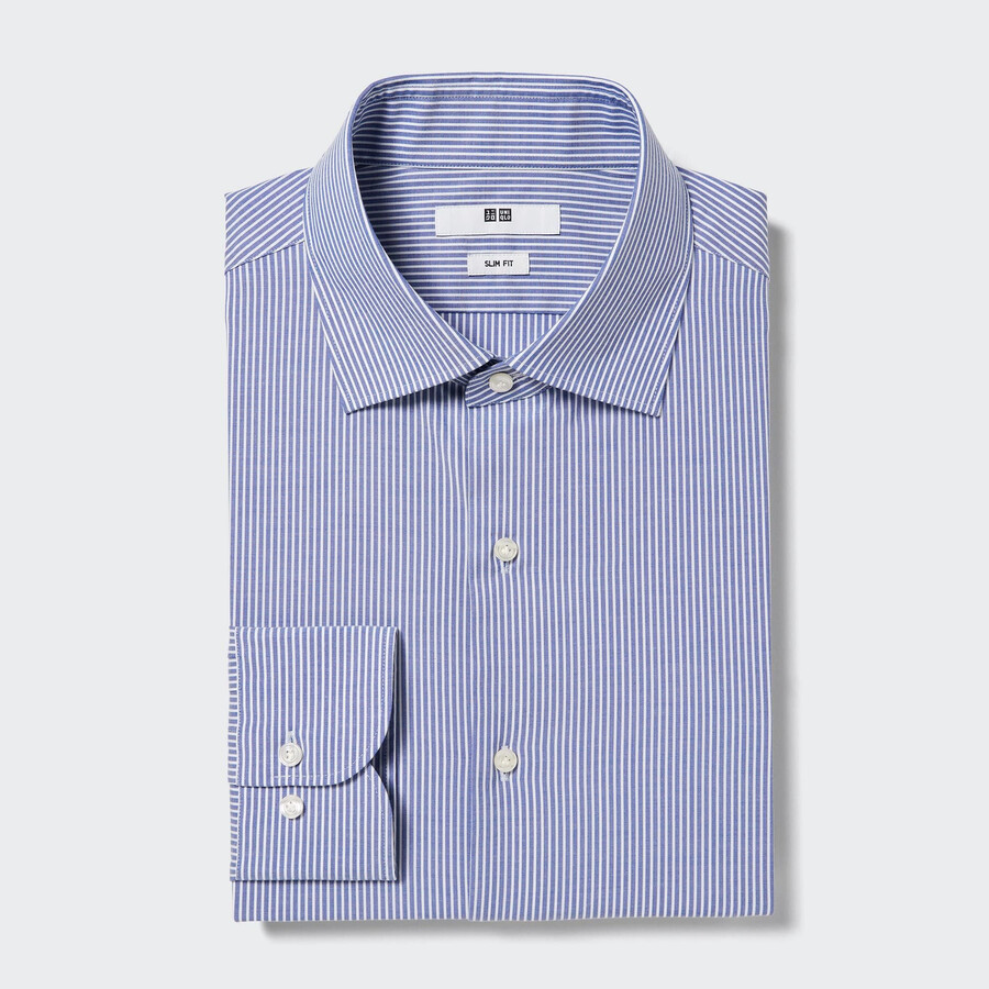 camicie da uomo uniqlo easyre stretch slim fit a righe con colletto semi-cutaway blu