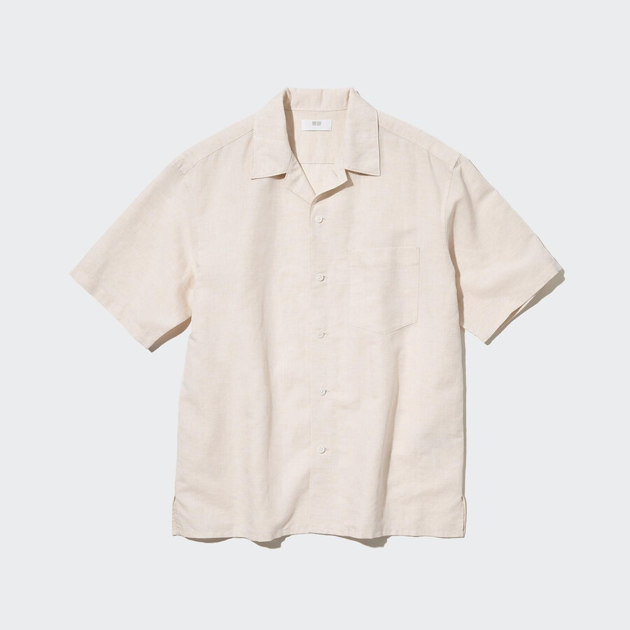 camicie da uomo uniqlo beige in misto lino con maniche a collo aperto