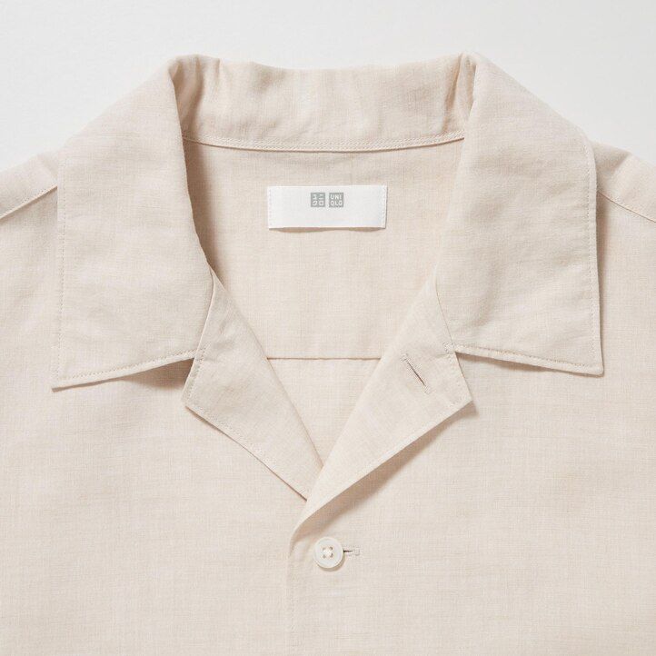 camicie da uomo uniqlo beige in misto lino con maniche a collo aperto