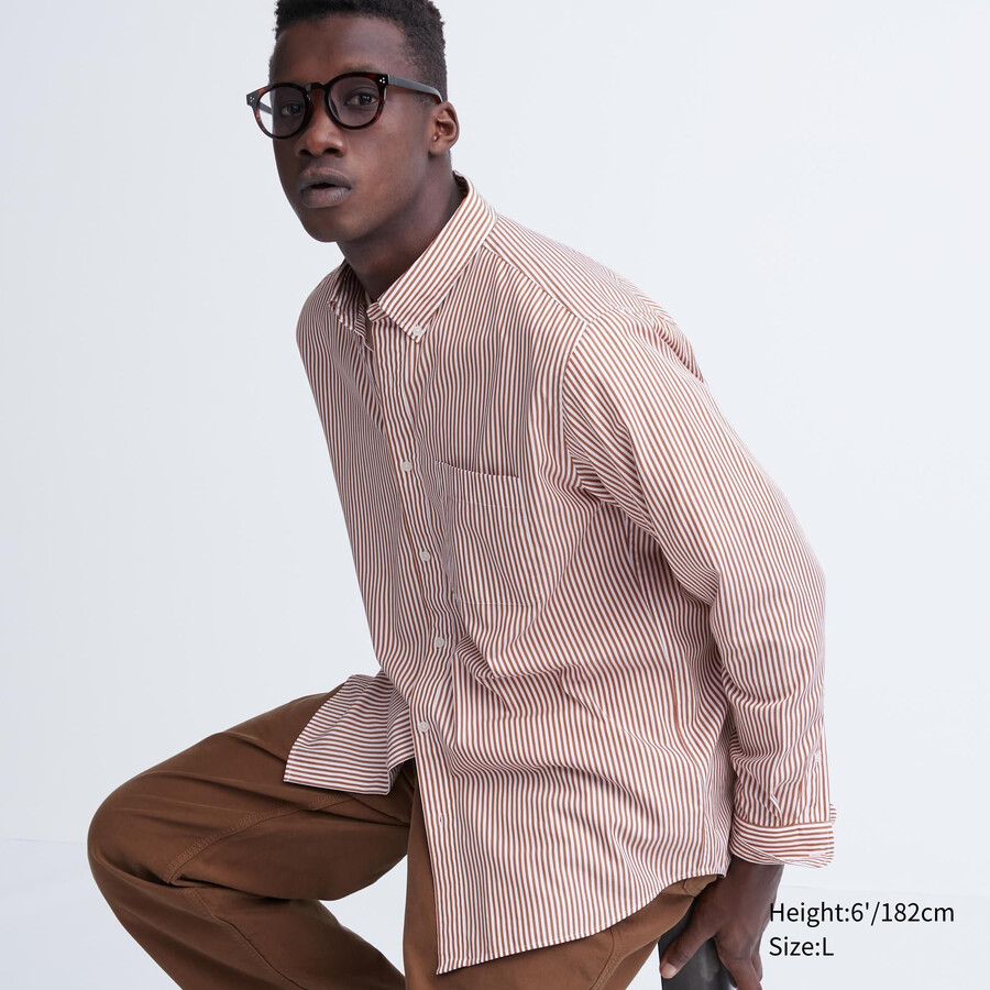 camicie da uomo uniqlo in cotone extra fine arancione vestibilità regolare a righe con colletto abbottonato