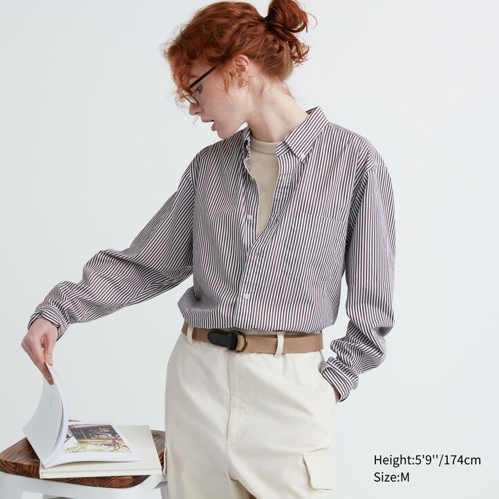 camicie da uomo uniqlo in cotone extra fine arancione vestibilità regolare a righe con colletto abbottonato