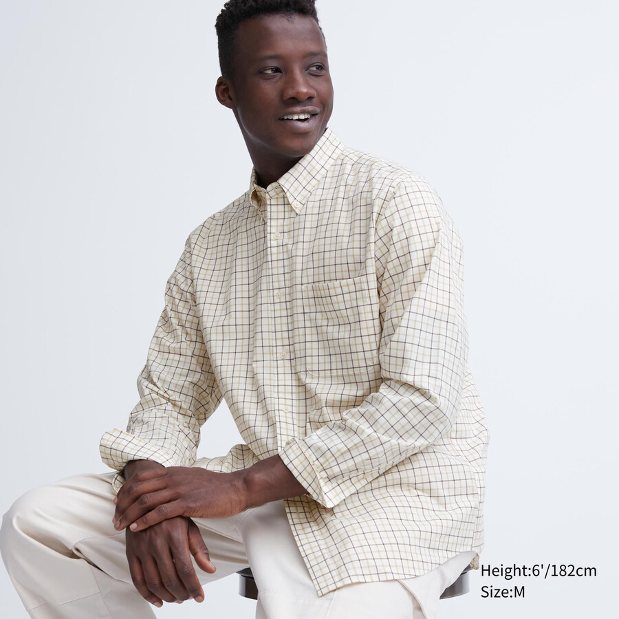 camicie da uomo uniqlo in cotone extra fine vestibilità regolare a quadri con colletto abbottonato bianche