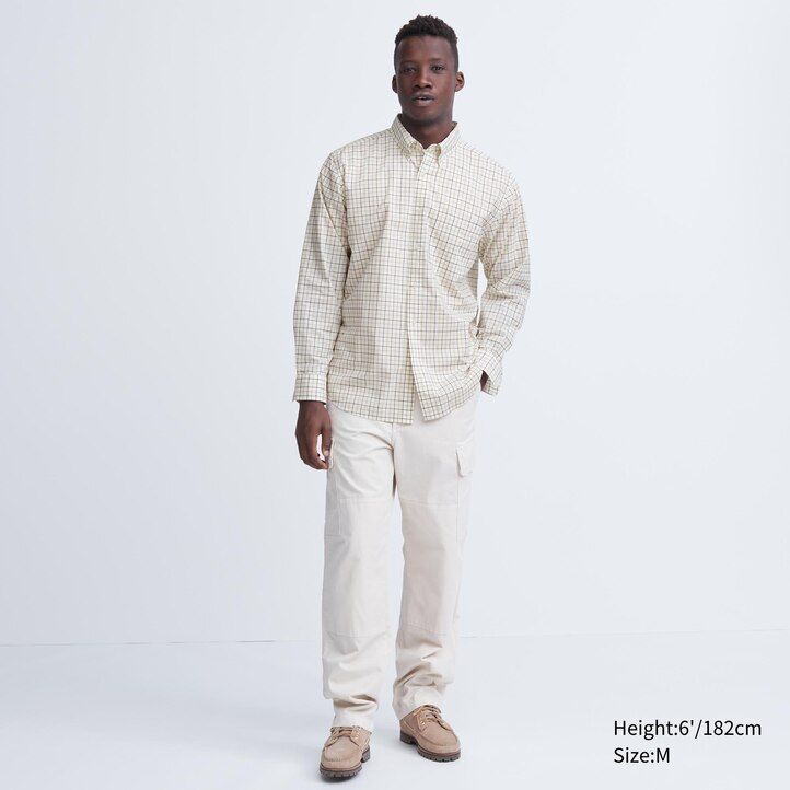 camicie da uomo uniqlo in cotone extra fine vestibilità regolare a quadri con colletto abbottonato bianche