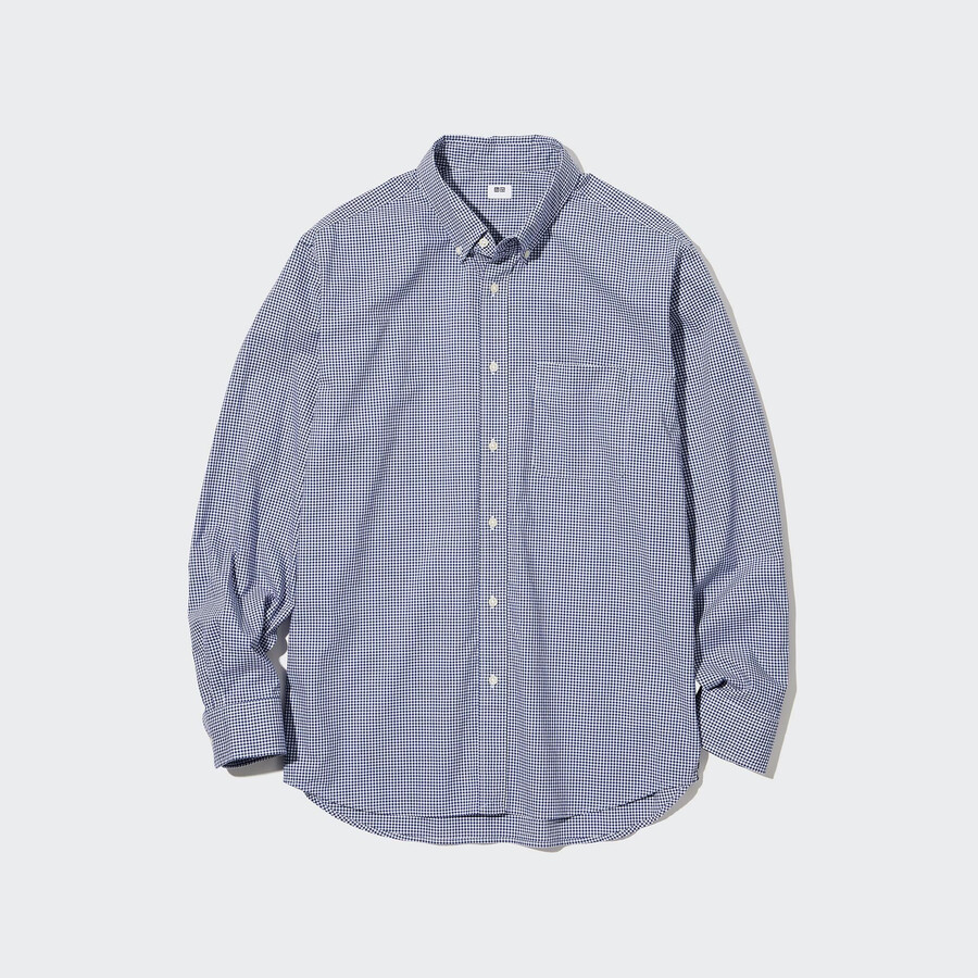 camicie da uomo uniqlo in cotone extra fine con maniche corte blu