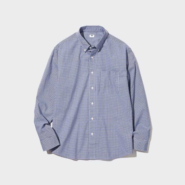 camicie da uomo uniqlo in cotone extra fine con maniche corte blu