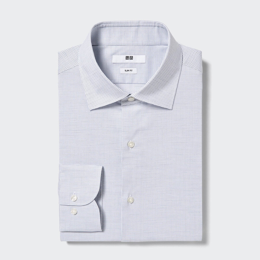 camicie da uomo uniqlo easyre stretch slim fit a quadri con colletto semi-cutaway blu