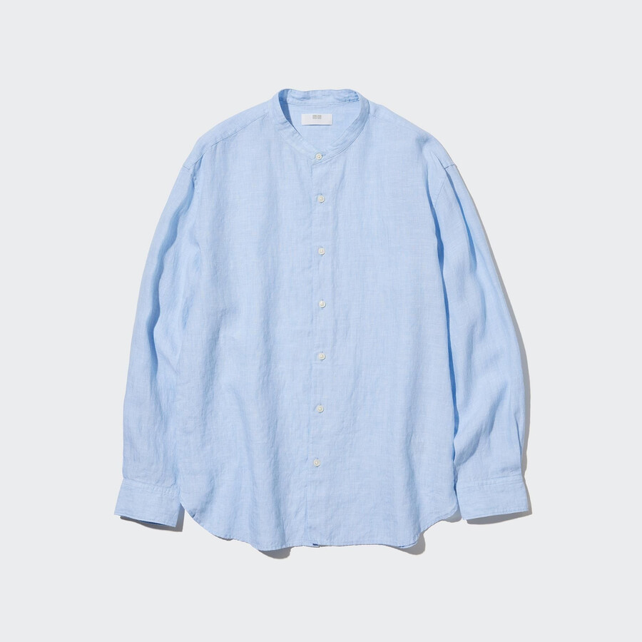 camicia da uomo uniqlo 100 lino di alta qualità vestibilità regolare collo serafino blu