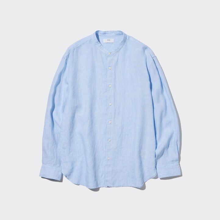camicia da uomo uniqlo 100 lino di alta qualità vestibilità regolare collo serafino blu