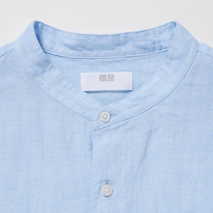 camicia da uomo uniqlo 100 lino di alta qualità vestibilità regolare collo serafino blu
