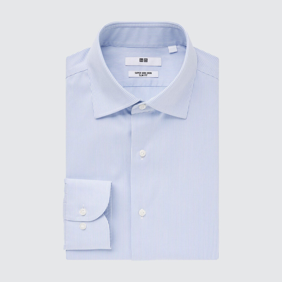 camicie da uomo uniqlo super non iron slim fit a righe con colletto semi-cutaway blu