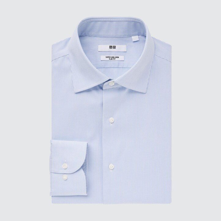 camicie da uomo uniqlo super non iron slim fit a righe con colletto semi-cutaway blu