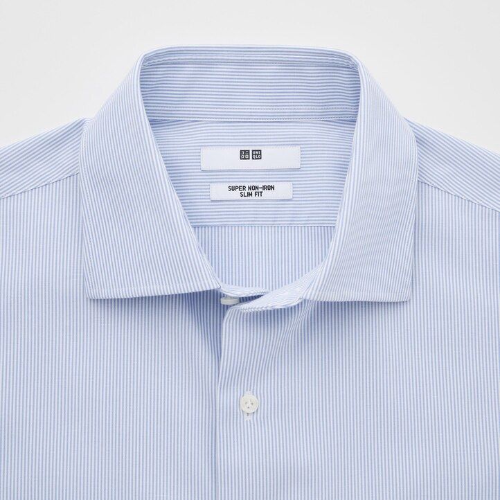 camicie da uomo uniqlo super non iron slim fit a righe con colletto semi-cutaway blu
