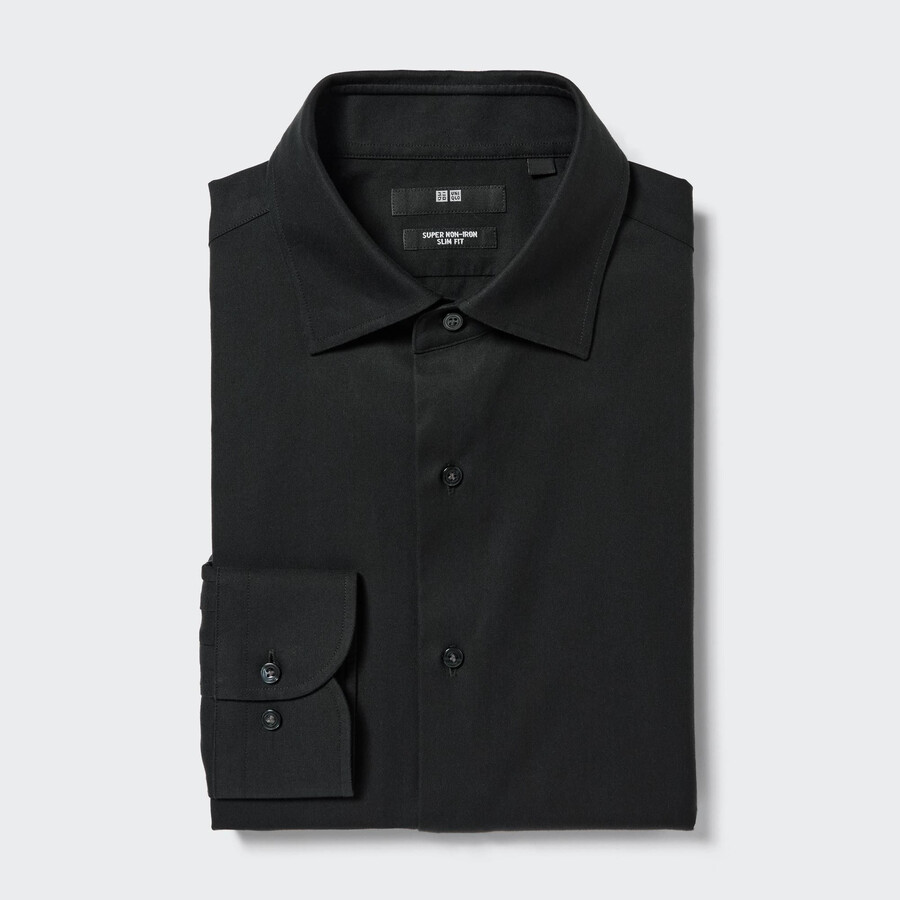 camicia da uomo uniqlo super non iron slim fit nera con colletto semi-cutaway