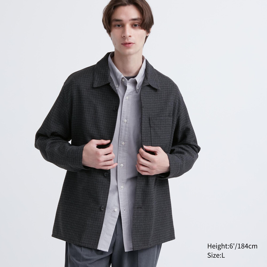 camicie da uomo uniqlo in twill spazzolato grigio scuro con maniche a quadri