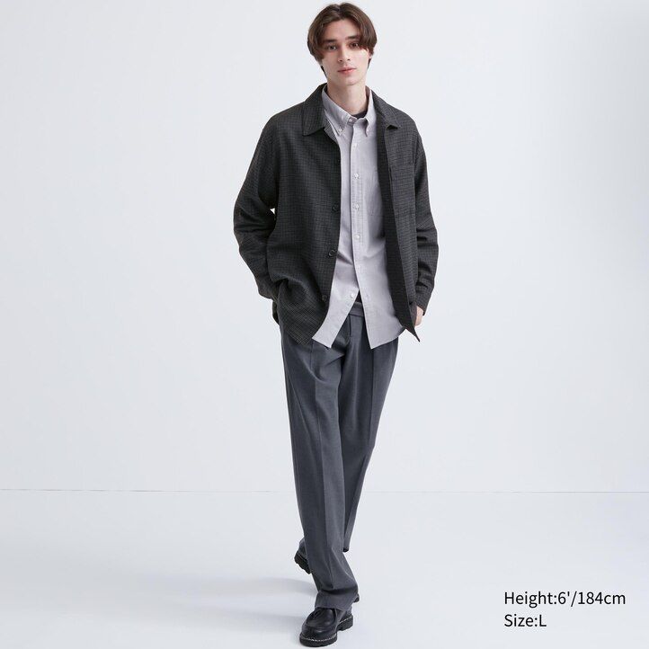 camicie da uomo uniqlo in twill spazzolato grigio scuro con maniche a quadri