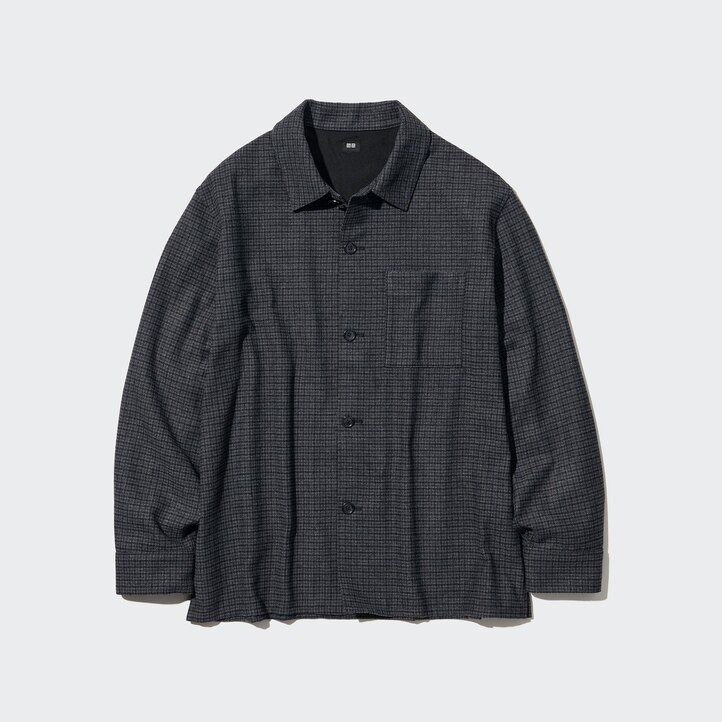 camicie da uomo uniqlo in twill spazzolato grigio scuro con maniche a quadri