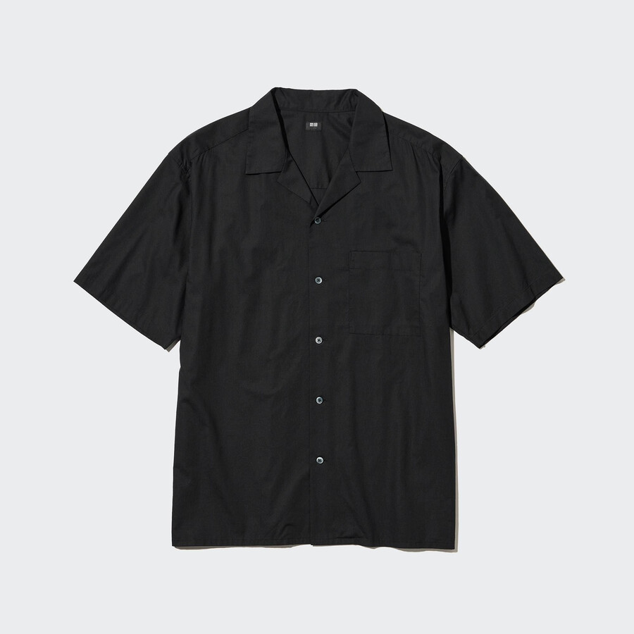 camicie da uomo uniqlo nere in misto cotone con maniche a sbuffo e collo aperto