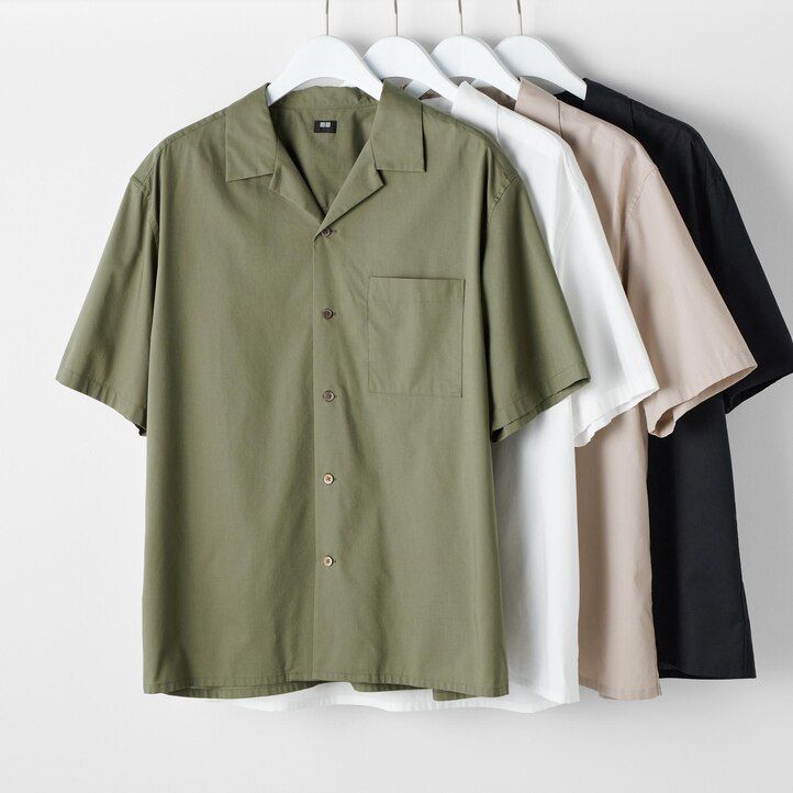camicie da uomo uniqlo nere in misto cotone con maniche a sbuffo e collo aperto