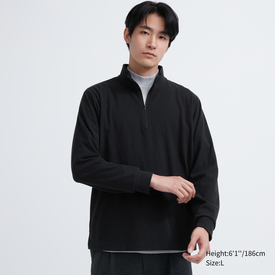 t-shirt da uomo uniqlo fleece stretch con mezza zip e maniche nere