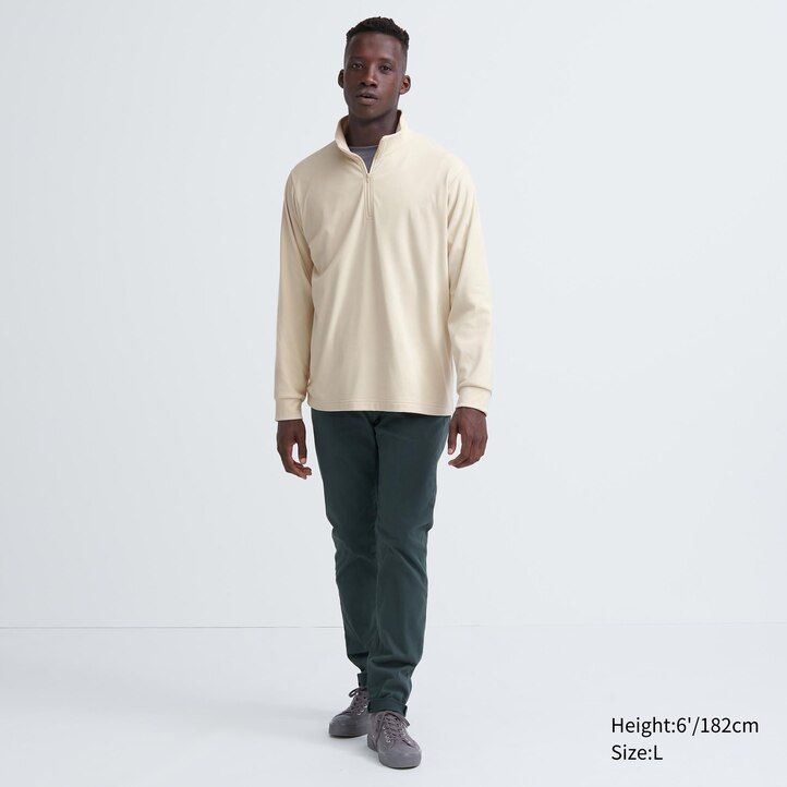 t-shirt da uomo uniqlo fleece stretch con mezza zip e maniche nere