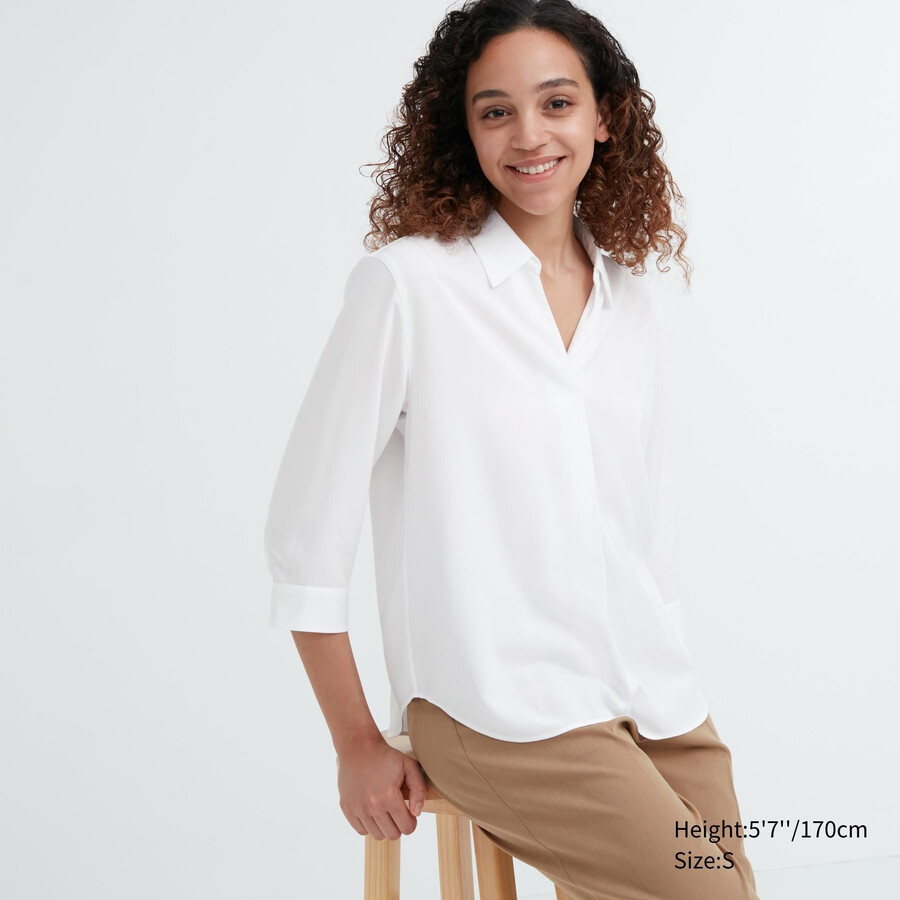 blusa da donna uniqlo in rayon bianco con colletto alla coreana e maniche 34