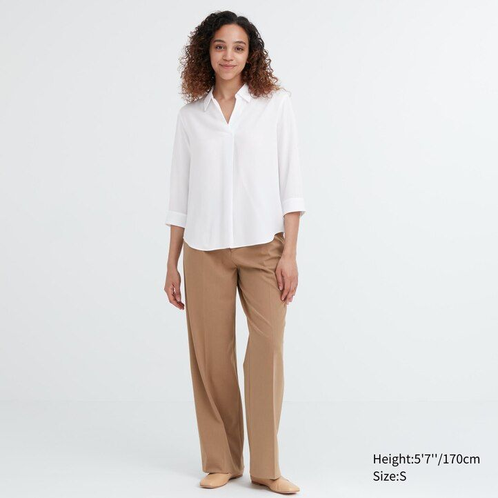 blusa da donna uniqlo in rayon bianco con colletto alla coreana e maniche 34