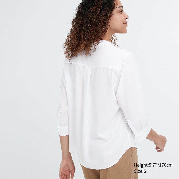 blusa da donna uniqlo in rayon bianco con colletto alla coreana e maniche 34