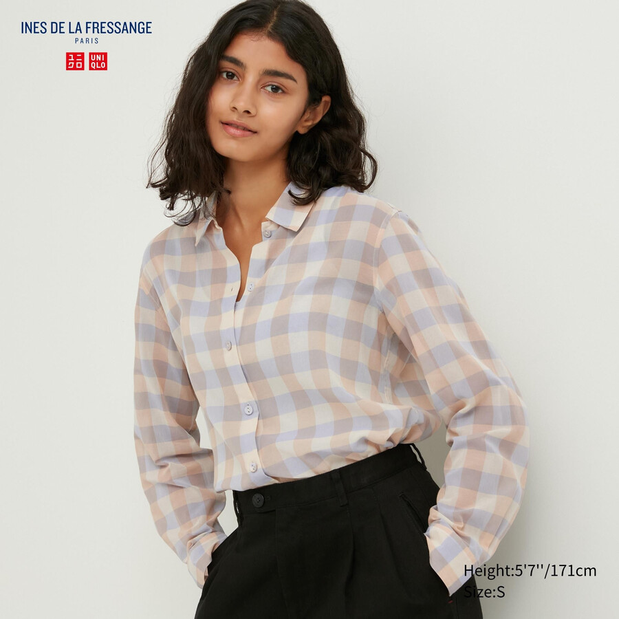 blusa da donna uniqlo in cotone trasparente beige a quadri