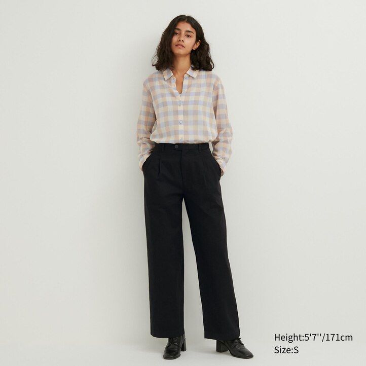 blusa da donna uniqlo in cotone trasparente beige a quadri